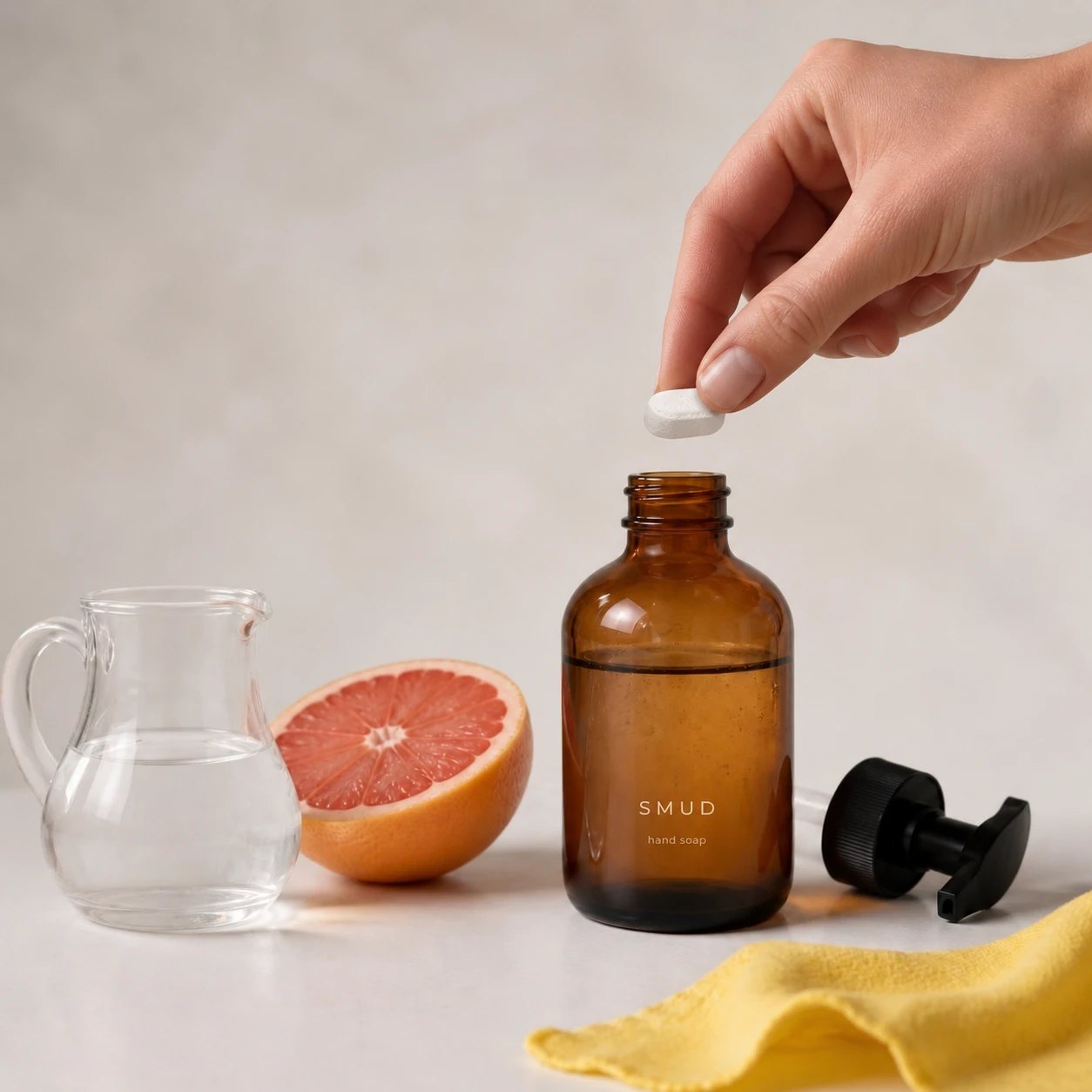 A hand dropping a white refill tablet into an amber SMUD hand soap bottle of water, next to a water jug, half a grapefruit and a yellow cloth